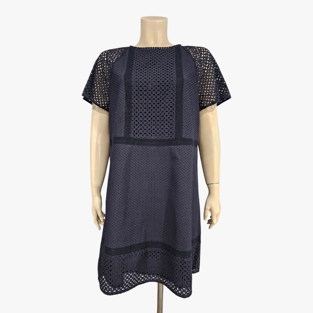 Nwt ANN TAYLOR Navy Blue Cotton Short Sleeve Eyelet A-Line Dress 8